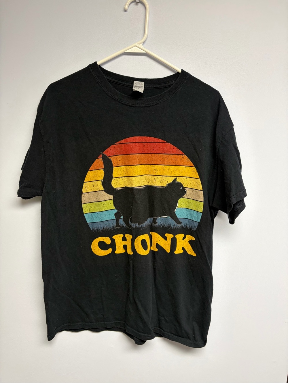 Black 'Chonk' Cat Graphic Tee - Retro Rainbow Design